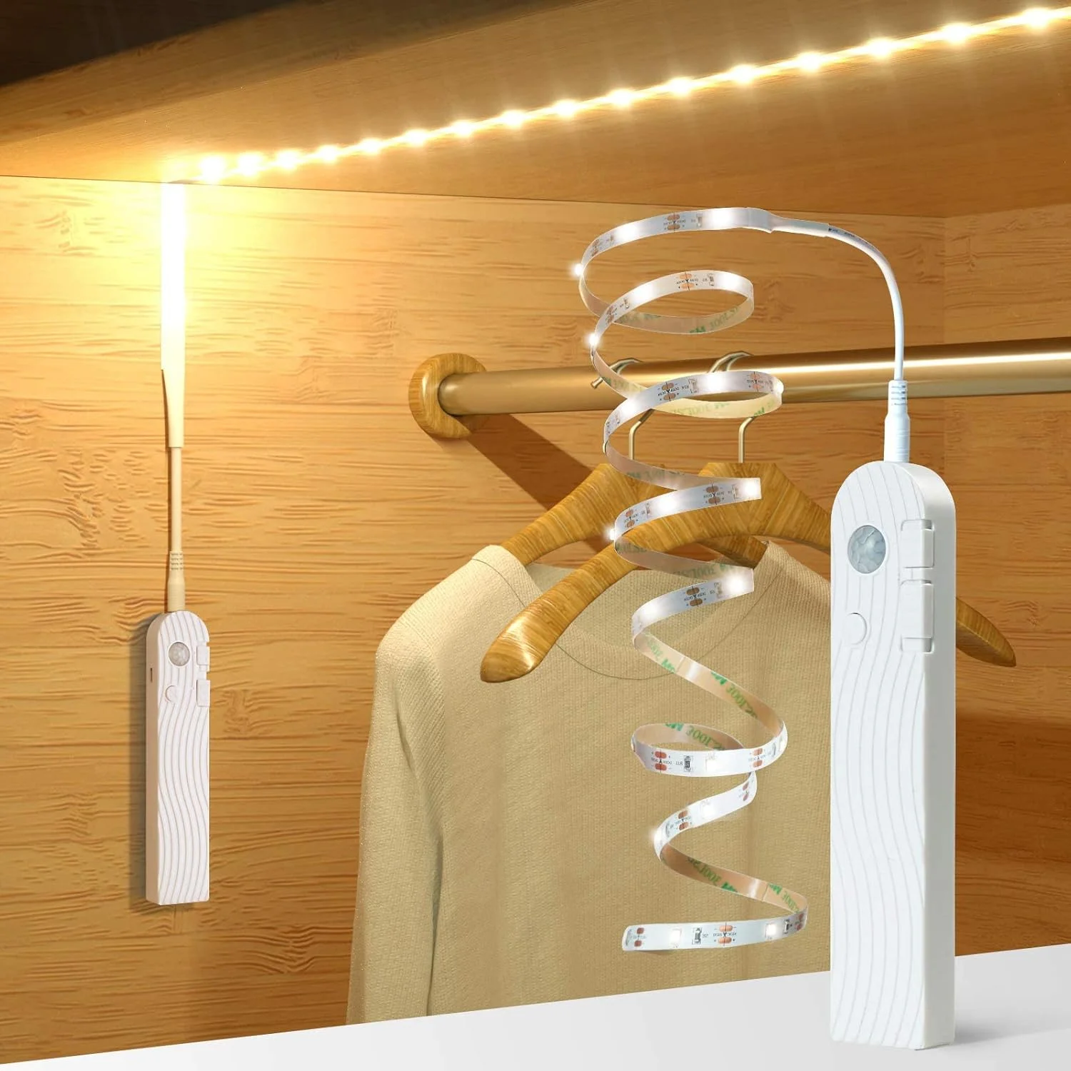 کیت نورپردازی LED زیر کابینت KASTWAVE، چراغ های نواری کمد پله تخت سنسور حرکتی، چراغ های نواری شب کمد با منبع تغذیه USB و باتری، چهار حالت، ضد آب، 3500K سفید گرم، 3 متر