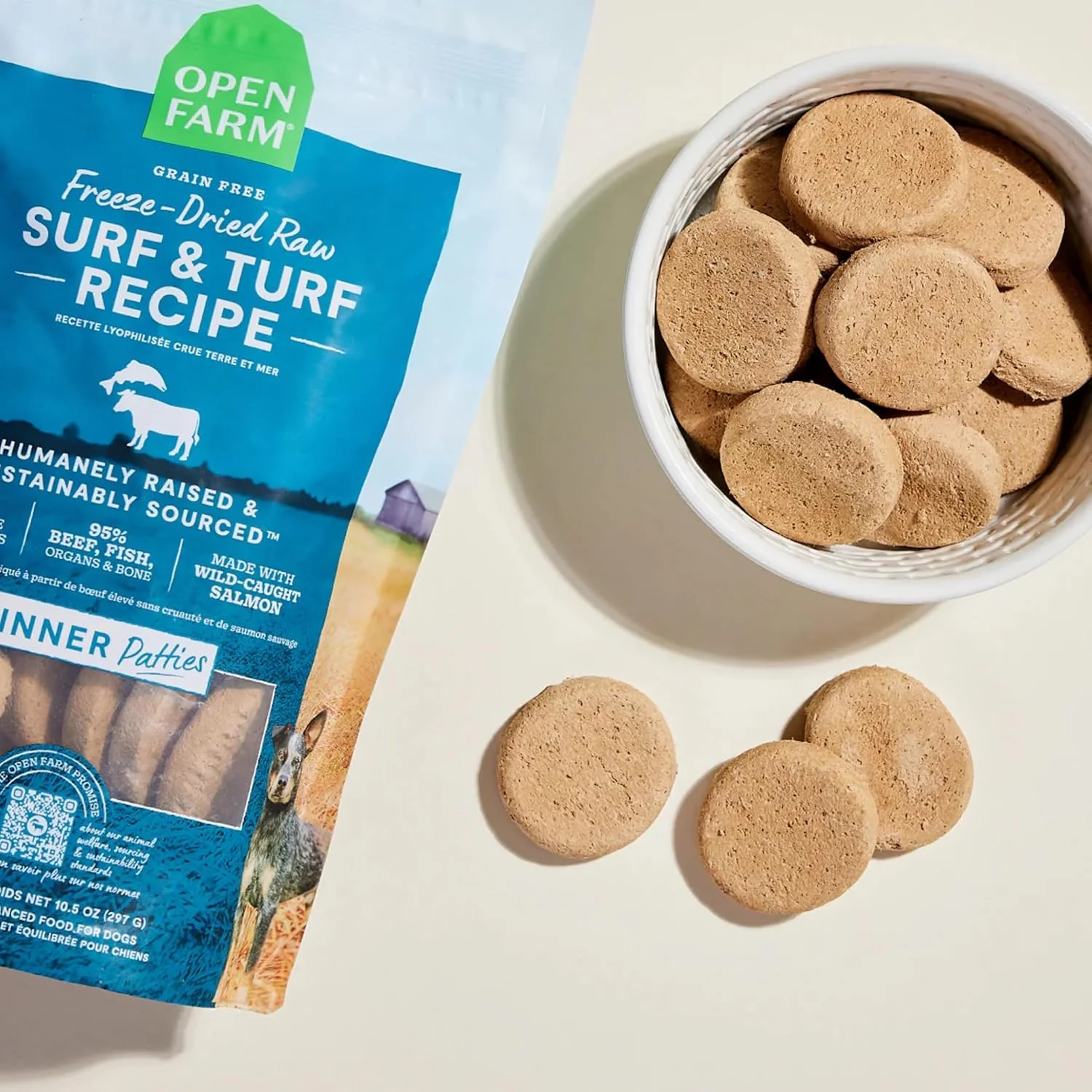 غذای خشک سگ اوپن فارم مدل Surf & Turf Patties با گوشت گاو و ماهی سالمون - 297 گرم