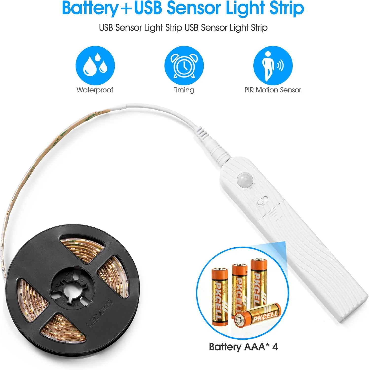 کیت نورپردازی LED زیر کابینت KASTWAVE، چراغ های نواری کمد پله تخت سنسور حرکتی، چراغ های نواری شب کمد با منبع تغذیه USB و باتری، چهار حالت، ضد آب، 3500K سفید گرم، 3 متر کیت نورپردازی LED زیر کابینت KASTWAVE، چراغ های نواری کمد پله تخت سنسور حرکتی، چراغ های نواری شب کمد با منبع تغذیه USB و باتری، چهار حالت، ضد آب، 3500K سفید گرم، 3 متر