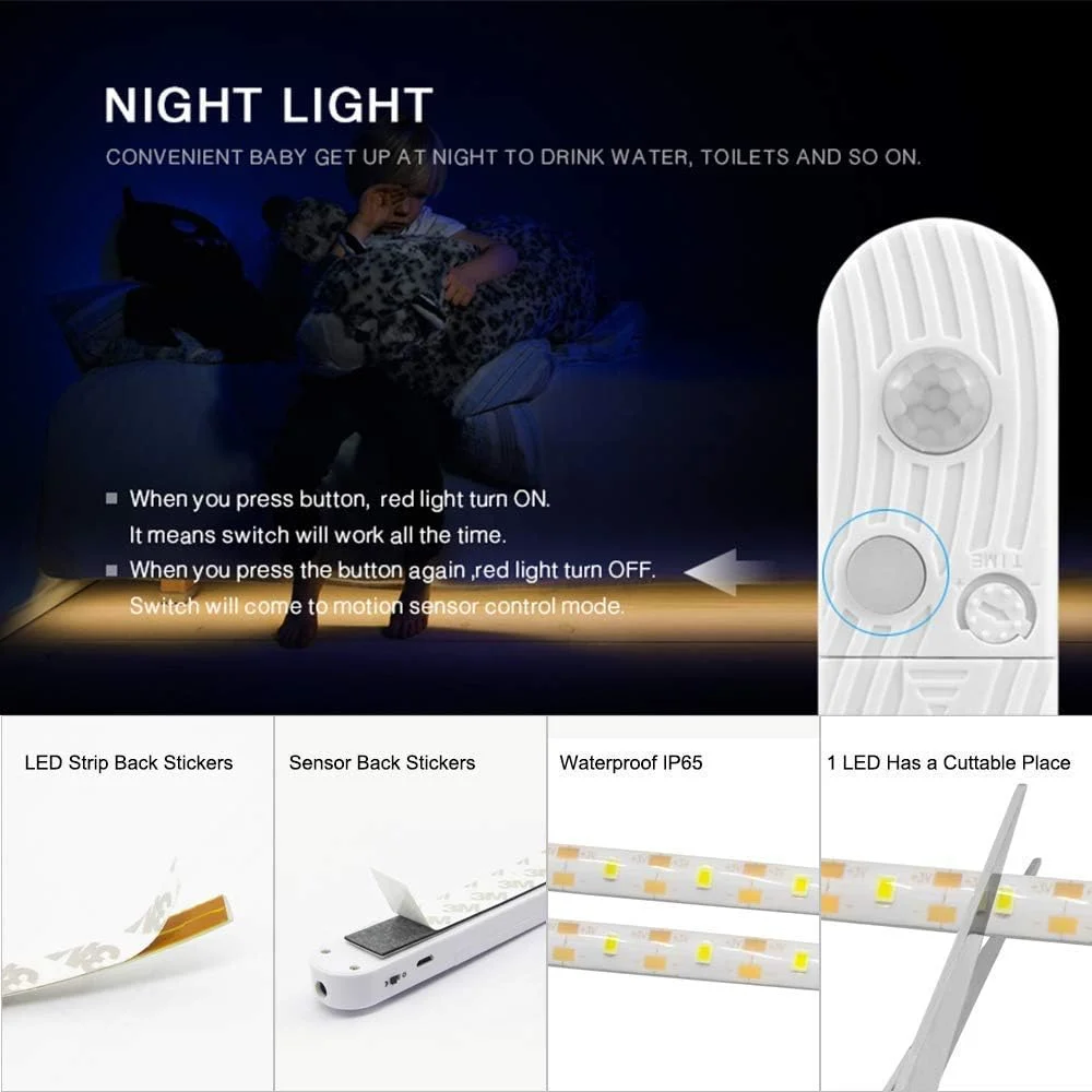 کیت نورپردازی LED زیر کابینت KASTWAVE، چراغ های نواری کمد پله تخت سنسور حرکتی، چراغ های نواری شب کمد با منبع تغذیه USB و باتری، چهار حالت، ضد آب، 3500K سفید گرم، 3 متر کیت نورپردازی LED زیر کابینت KASTWAVE، چراغ های نواری کمد پله تخت سنسور حرکتی، چراغ های نواری شب کمد با منبع تغذیه USB و باتری، چهار حالت، ضد آب، 3500K سفید گرم، 3 متر