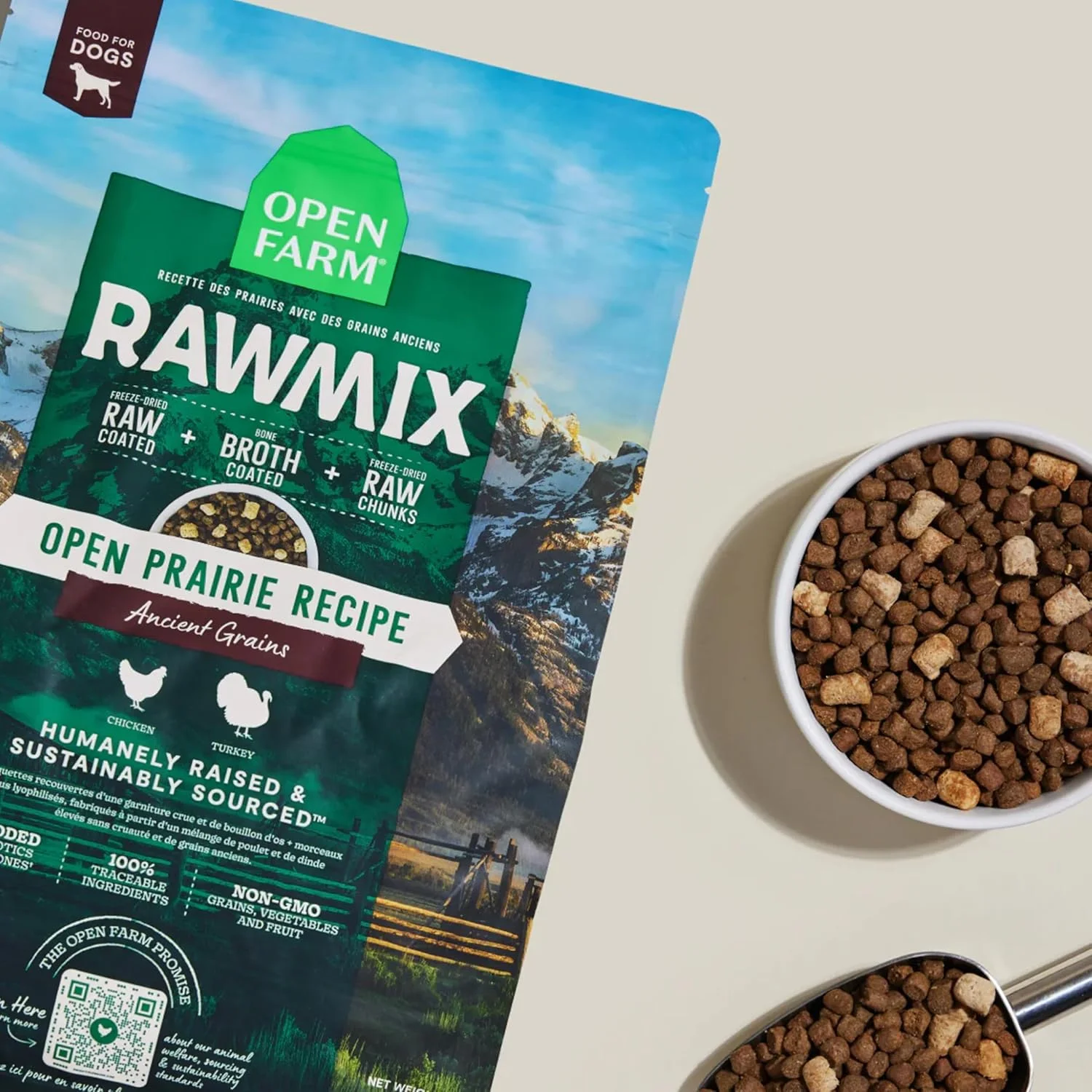 غذای خشک سگ اوپن فارم RawMix با غلات باستانی، کیبل غنی از پروتئین پوشیده شده با آب قلم با تکه های خام خشک شده، مرغ و بوقلمون، دستور پخت Open Prairie، کیسه 20 پوندی