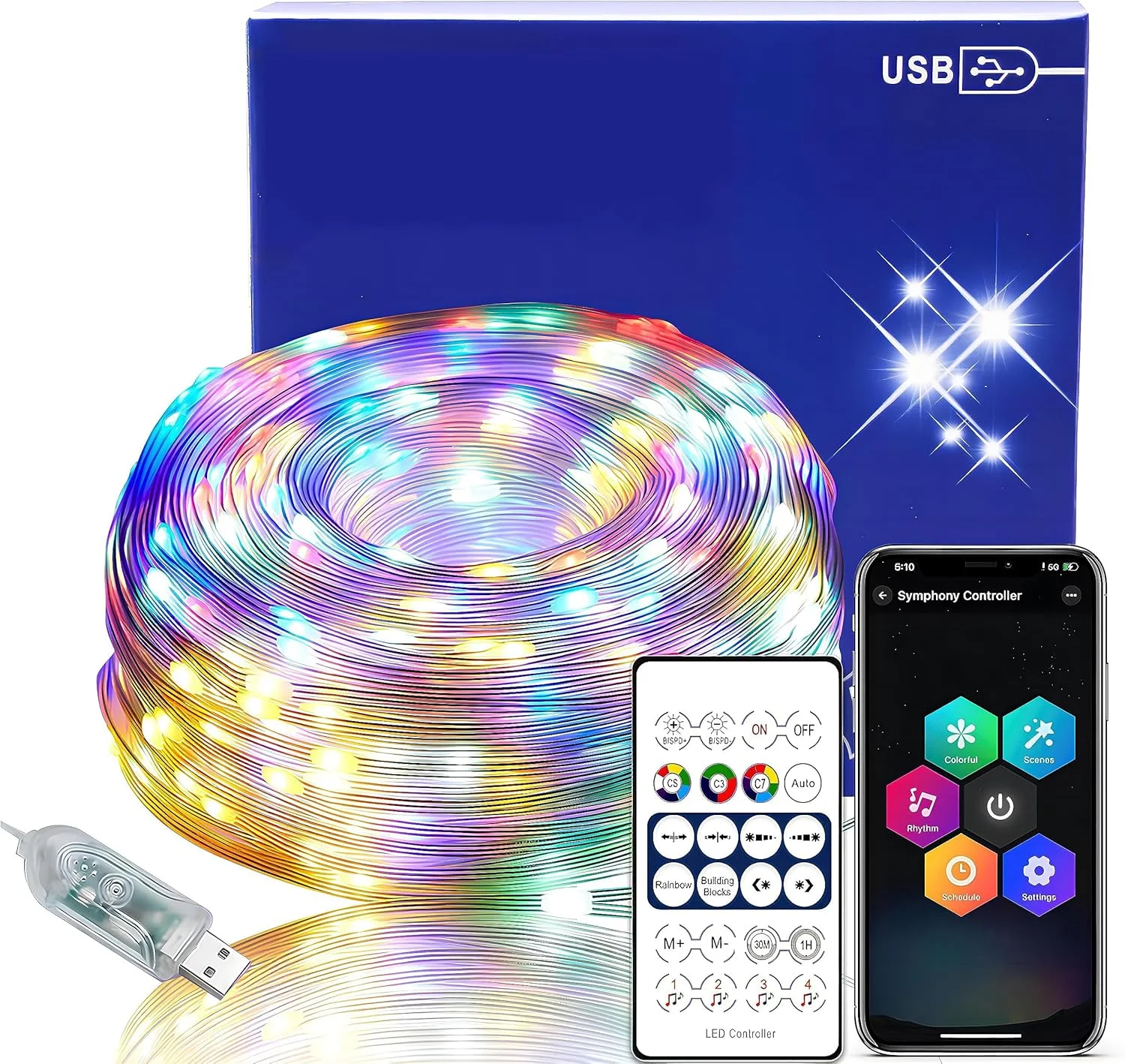 چراغ نواری LED تغییر رنگ NALACAL، تغذیه 5 ولت USB، نور RGB هماهنگ با موسیقی برای کریسمس، شامل کنترل از راه دور و کنترل برنامه هوشمند، مناسب برای دکوراسیون منزل و فضای باز (10 متر)