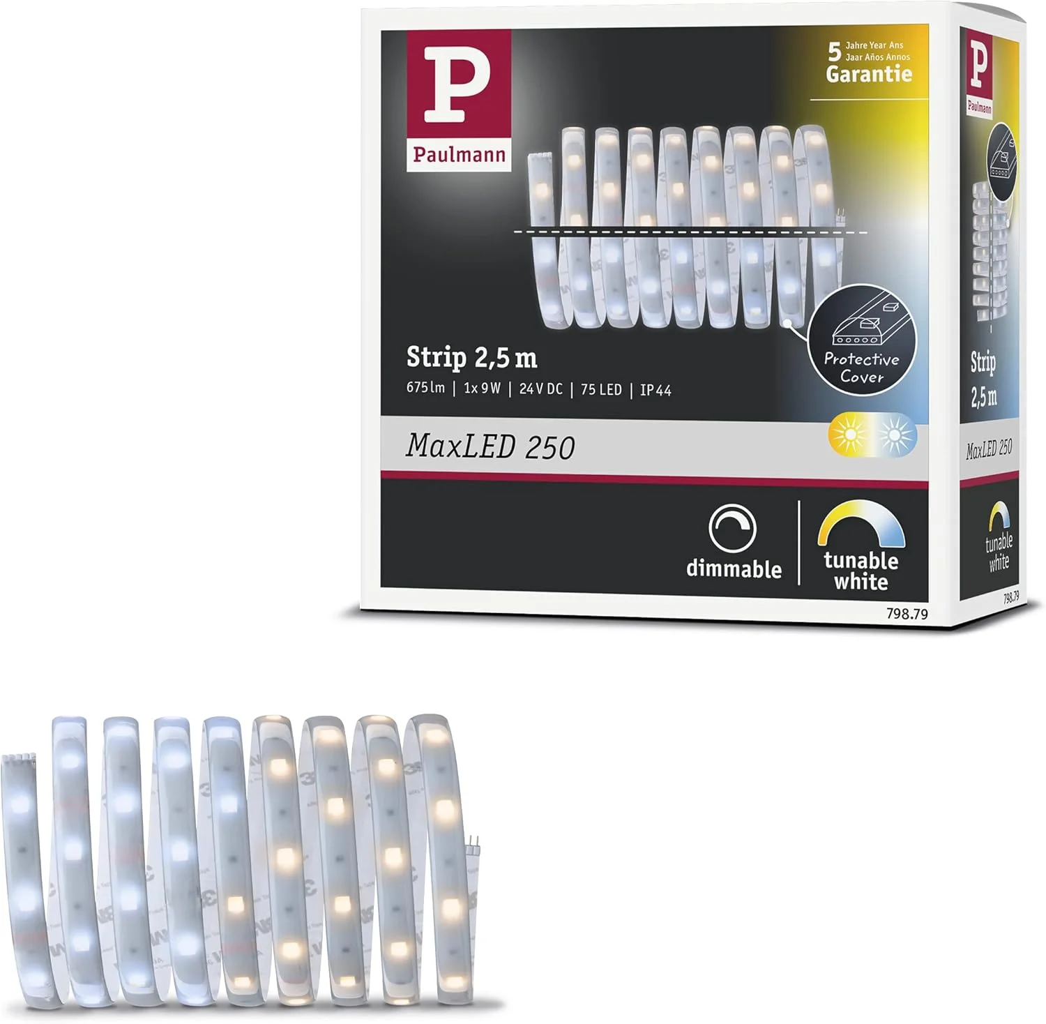 نوار ال ای دی 2.5 متری Paulmann 79879 MaxLED 250 با قابلیت تنظیم رنگ سفید، پوشش محافظ IP44، شامل نوار روشنایی 8.8 وات، 2700 کلوین، 9 وات، نقره ای