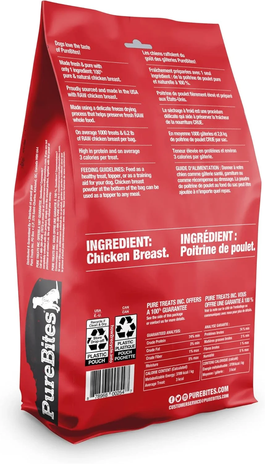 تشویقی سگ PureBites مرغ خشک شده، تک ماده تشکیل دهنده، ساخت آمریکا، 793 گرم