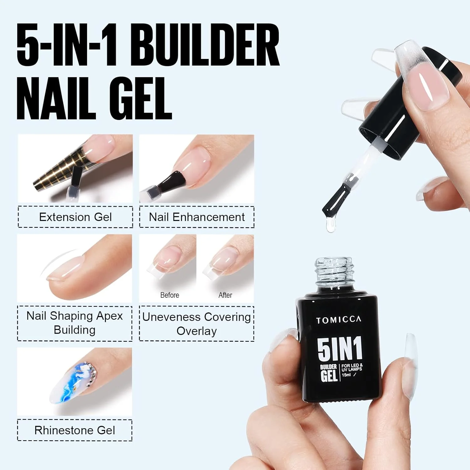 ژل تقویت کننده و بیس بیلدر 5 در 1 تومیکا 15 میلی لیتر، ژل سخت کننده ناخن شفاف UV/LED برای نوک و اکستنشن ناخن های سخت و قوی، برای تزئینات ناخن، برگردان ها و جواهرات، ترمیم حرفه ای مانیکور ژل تقویت کننده و بیس بیلدر 5 در 1 تومیکا 15 میلی لیتر، ژل سخت کننده ناخن شفاف UV/LED برای نوک و اکستنشن ناخن های سخت و قوی، برای تزئینات ناخن، برگردان ها و جواهرات، ترمیم حرفه ای مانیکور