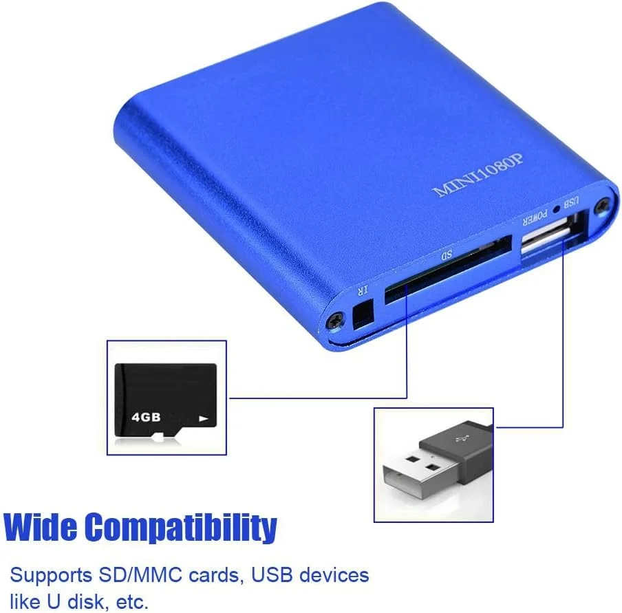 پخش کننده رسانه دیجیتال قابل حمل Bewinner، پخش کننده رسانه مینی HD با صدای استریو و خروجی HDMI/AV ویدیویی 1080P، مرکز پخش رسانه برای تلویزیون، کارت خوان SD/SDHC، پشتیبانی از دستگاه های USB، کارت SD/MMC تا 32 گیگابایت (آبی UK)
