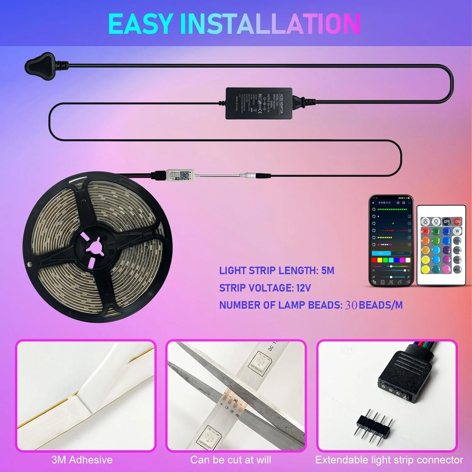 نوارهای چراغ ال ای دی SKY-TOUCH 5 متری با ریموت، نوار چراغ ال ای دی همگام سازی موسیقی، کیت چراغ های ال ای دی تغییر رنگ RGB انعطاف پذیر برای اتاق خواب، گزینه های رنگی DIY نوار ال ای دی برای دکوراسیون منزل، بار، آشپزخانه، مهمانی نوارهای چراغ ال ای دی SKY-TOUCH 5 متری با ریموت، نوار چراغ ال ای دی همگام سازی موسیقی، کیت چراغ های ال ای دی تغییر رنگ RGB انعطاف پذیر برای اتاق خواب، گزینه های رنگی DIY نوار ال ای دی برای دکوراسیون منزل، بار، آشپزخانه، مهمانی