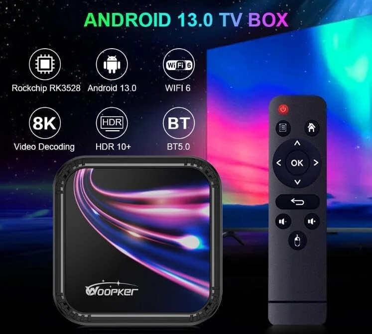 اندروید باکس تلویزیون CHROX 13.0 - اسمارت تی وی باکس 4 گیگابایت رم 32 گیگابایت حافظه داخلی، وای فای دو بانده، پردازنده RK3528 با پشتیبانی از پخش هوشمند 8K HDR همراه با کیبورد، بلوتوث 4.1، ست تاپ باکس H.265، 2 گیگابایت رم + 16 گیگابایت حافظه داخلی