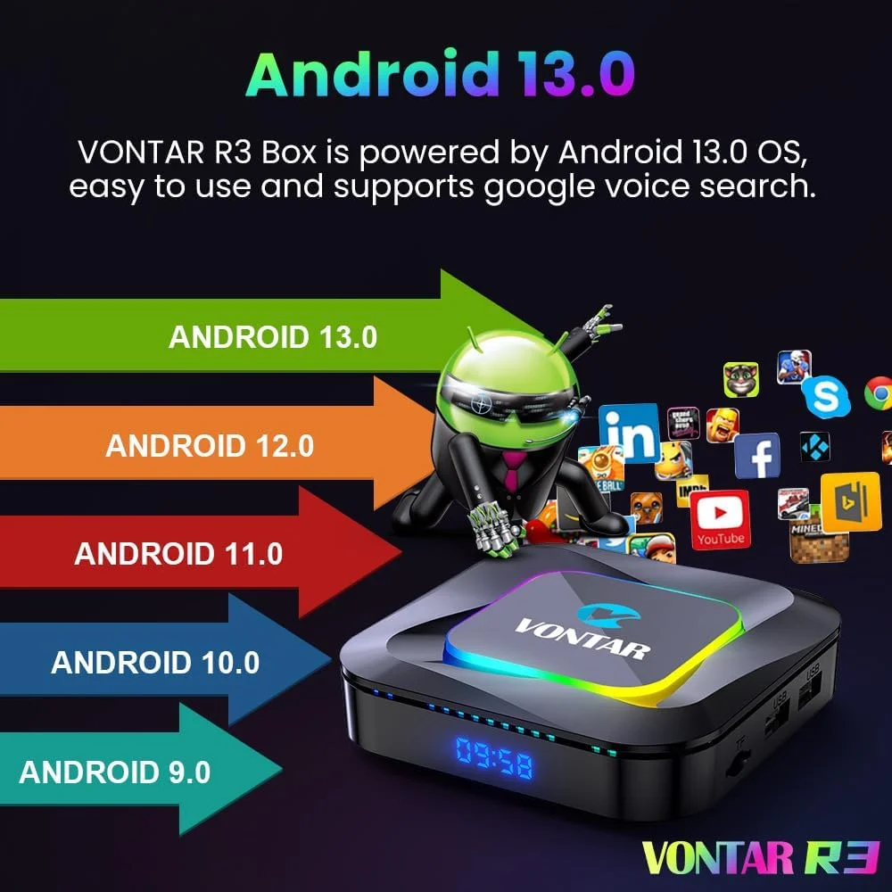 اندروید باکس CHROX با اندروید 13.0، V0NTAR R3 Tv Box با پردازنده چهار هسته ای RK3528، رم 4 گیگابایت و حافظه داخلی 64 گیگابایت، پخش کننده رسانه هوشمند اندروید با پشتیبانی از USB 3.0 / 3D / 4K / 8K H.265 / 2.4G Wifi، ست تاپ باکس تلویزیون، 4 گیگابایت رم + 128 گیگابایت حافظه داخلی