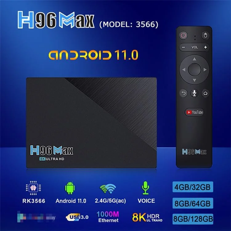 اندروید باکس CHROX Android 11.0، H96 Max Smart TV Box رم 8 گیگابایت رام 64 گیگابایت RK3566 پردازنده چهار هسته ای 4K/8K/1000M LAN/USB 3.0/H.265/WIFI 2.4G/5G BT 4.1 مدیا پلیر، 4 گیگابایت + 32 گیگابایت