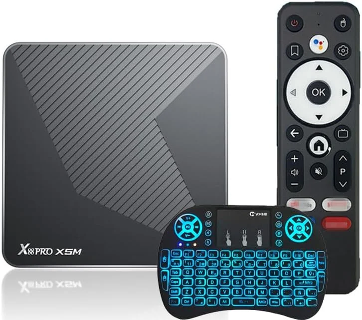 اندروید باکس CHROX X88 PRO X5M با اندروید 14.0، پردازنده 64 بیتی، 4 گیگابایت رم، 64 گیگابایت حافظه داخلی، Amlogic S905X5M، اترنت 100M، وای فای 6، دوال وای فای 2.4G/5G، 4K BT5.X USB، مینی کیبورد وایرلس، 4GB+64gb