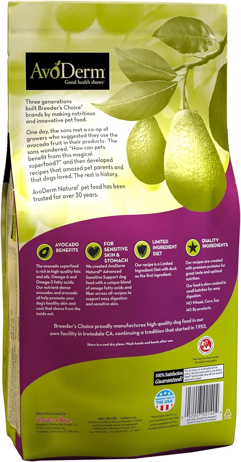 غذای خشک سگ بالغ بدون غلات AvoDerm Natural، دستور پخت اردک، مناسب پوست و معده حساس، 4 پوند