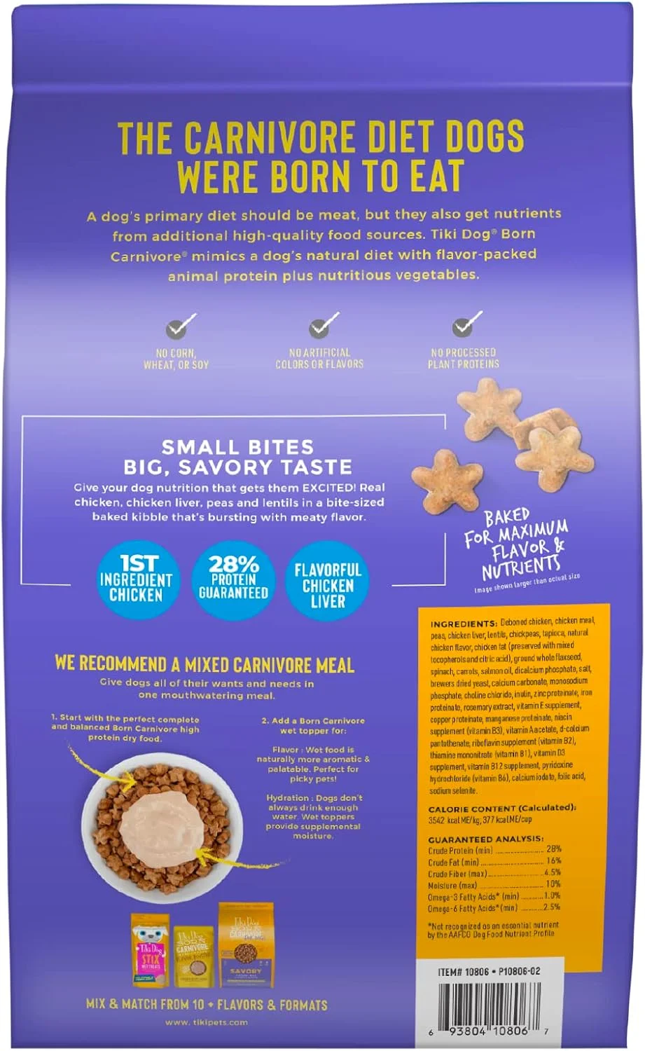 غذای خشک سگ تیکی داگ بورن کارنیور، طعم مرغ، نخود فرنگی و عدس، بدون غلات، پخته شده برای حداکثر تغذیه، مناسب سگ های بالغ و تمامی نژادها، کیسه 3.5 پوندی
