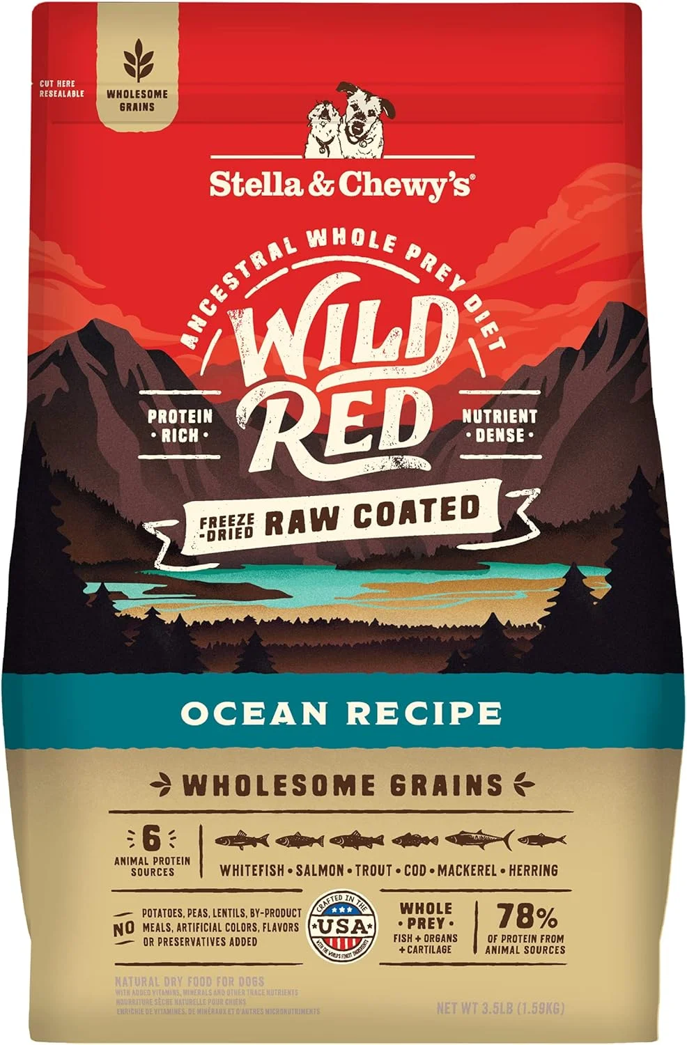 غذای خشک سگ Stella & Chewy's Wild Red با پوشش گوشت خام، پروتئین بالا، غلات کامل، دستور پخت اقیانوسی، کیسه 3.5 پوندی