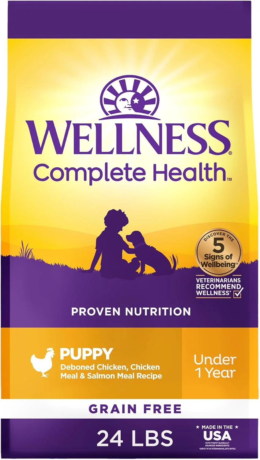 غذای خشک سگ توله بدون غلات Wellness Complete Health، طعم مرغ و ماهی سالمون، کیسه 24 پوندی