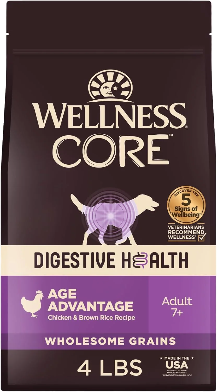 غذای خشک سگ مسن با غلات Wellness CORE Digestive Health، کیسه 4 پوندی، مناسب سگ های 7+ سال، غذای سگ با طعم مرغ، مناسب معده های حساس