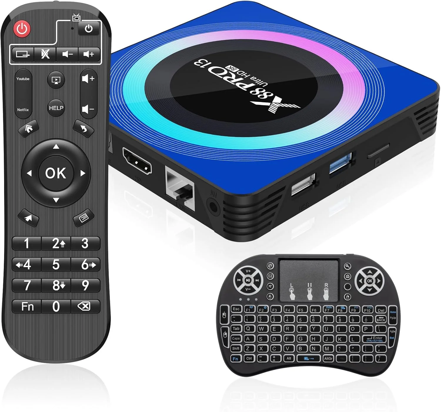 اندروید باکس IDEALROYAL با اندروید 13.0، اندروید باکس 6K 8K با 4 گیگابایت رم و 64 گیگابایت رام، پردازنده چهار هسته ای RK3528، پشتیبانی از WiFi6 2.4Ghz/5.0Ghz HDR10 BT 5.0 H.265 USB 2.0 3.0 3D Ethernet با مینی کیبورد دارای نور پس زمینه