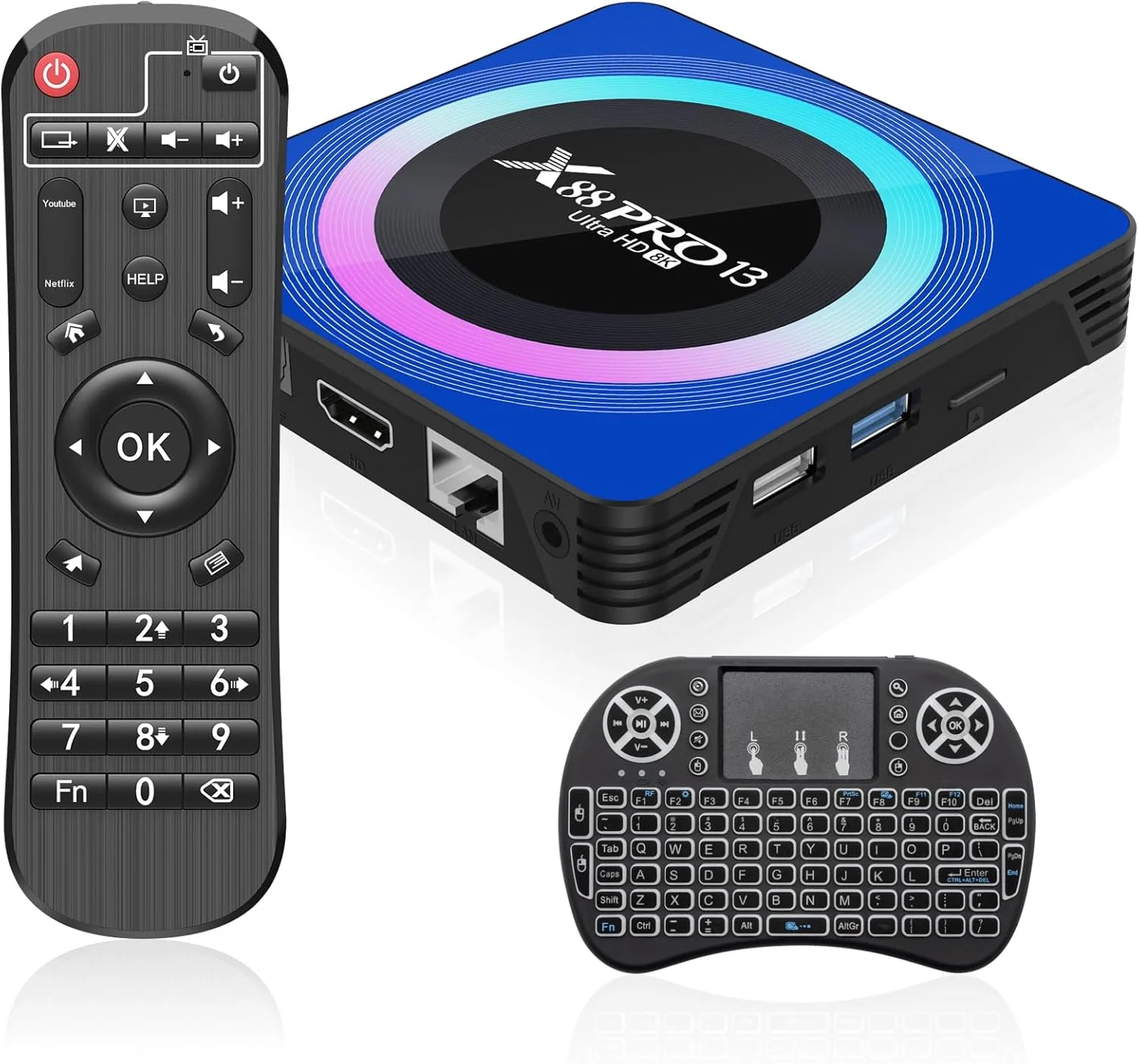 اندروید باکس تلویزیون IDEALROYAL نسخه 13.0، اندروید باکس هوشمند با پردازنده چهار هسته ای RK3528، رم 4 گیگابایت، حافظه داخلی 32 گیگابایت، اندروید باکس تلویزیون با پشتیبانی از کیفیت 8K و 3D، وای فای 2.4/5.0GHz، اترنت 10/100M، بلوتوث 5.0، HDMI 2.0 H.265، همراه با مینی کیبورد