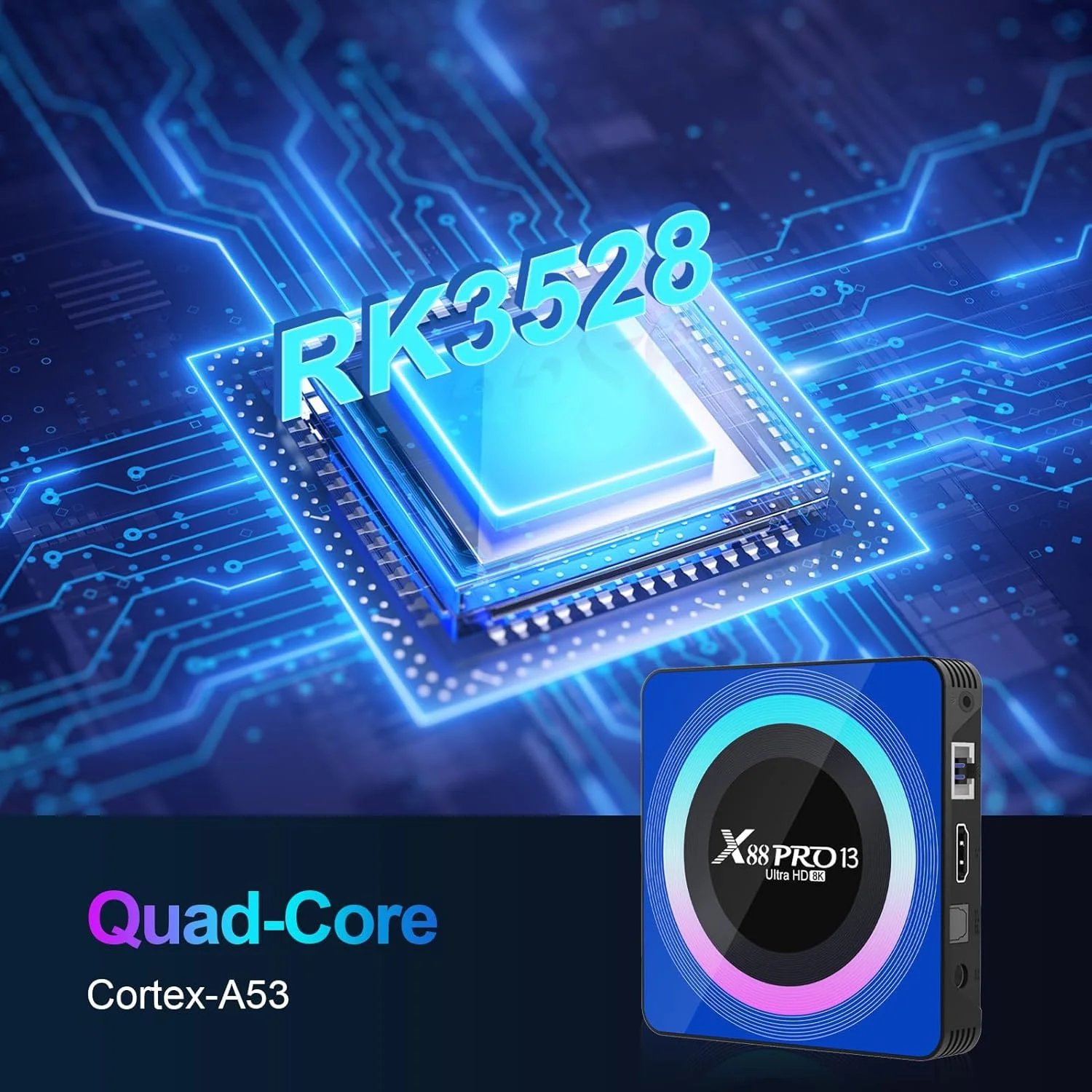 اندروید باکس تلویزیون IDEALROYAL نسخه 13.0، اندروید باکس هوشمند با پردازنده چهار هسته ای RK3528، رم 4 گیگابایت، حافظه داخلی 32 گیگابایت، اندروید باکس تلویزیون با پشتیبانی از کیفیت 8K و 3D، وای فای 2.4/5.0GHz، اترنت 10/100M، بلوتوث 5.0، HDMI 2.0 H.265، همراه با مینی کیبورد