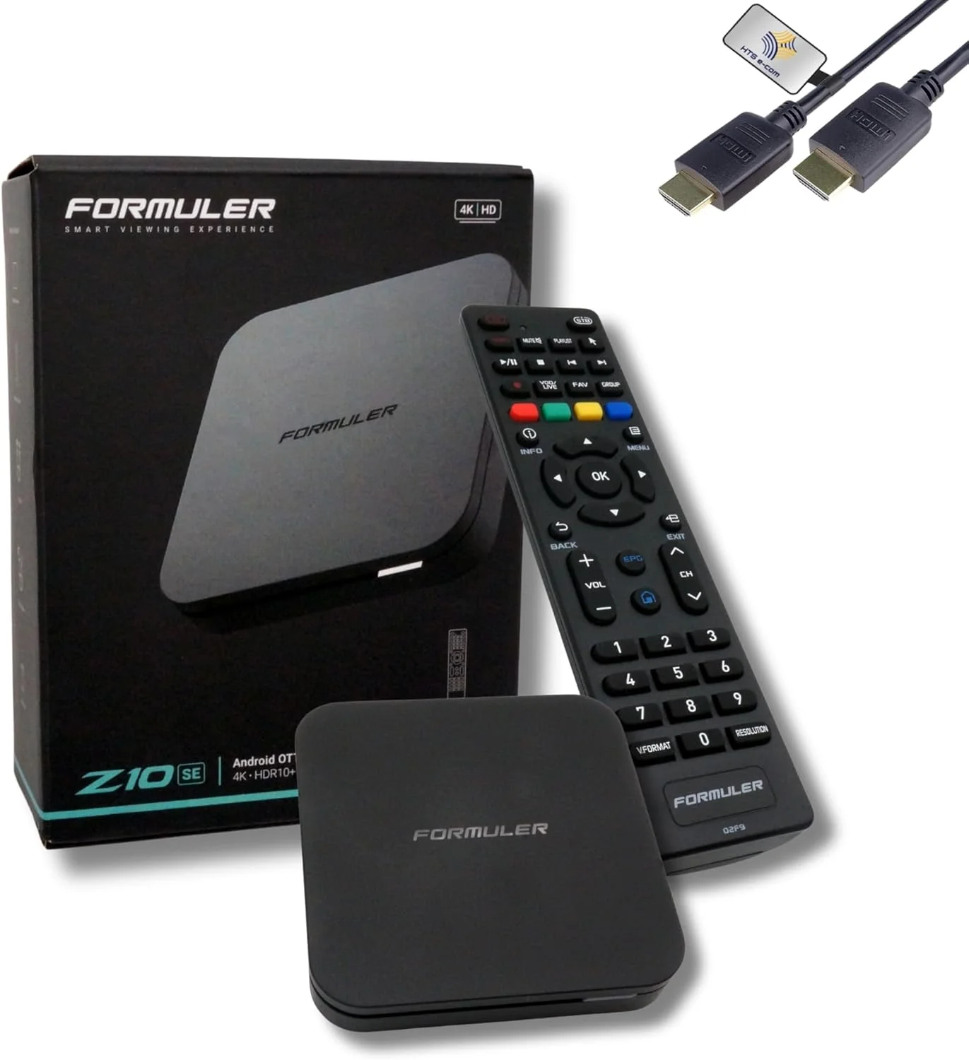 دستگاه پخش رسانه ای HTS e-com Formuler Z10 SE 4K Android 10 Ott، کیفیت 4K UHD 10 بیتی 60 فریم بر ثانیه H.265، جعبه انتقال رسانه IP HDR10+ Smart Ott، WiFi، کنترل از راه دور، سازگاری Widevine L1، MYTVOnline2، کابل HDMI