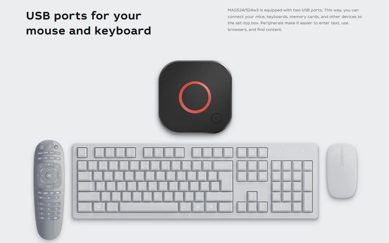 اینفومیر Mag 524W3 4K، دارای وای فای داخلی دو بانده 2.4G/5G، کابل HDMI (بسیار سریعتر از Mag 324w2 و 424W3 قدیمی) مشکی