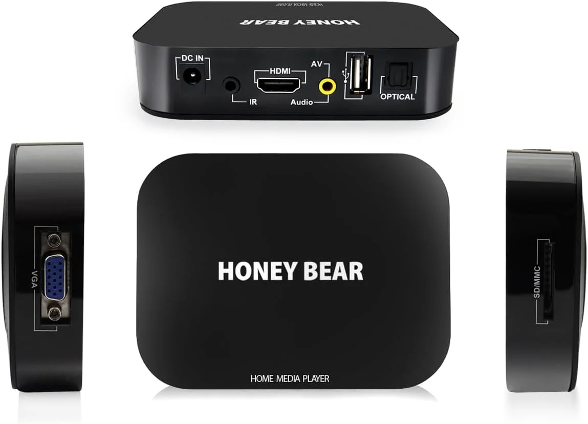 مدیا پلیر Honey Bear Full HD 1080P TV BOX برای هارد اکسترنال 2 ترابایتی، HDMI، AV، USB، پورت VGA، SD/MMC مدیا پلیر Honey Bear Full HD 1080P TV BOX برای هارد اکسترنال 2 ترابایتی، HDMI، AV، USB، پورت VGA، SD/MMC