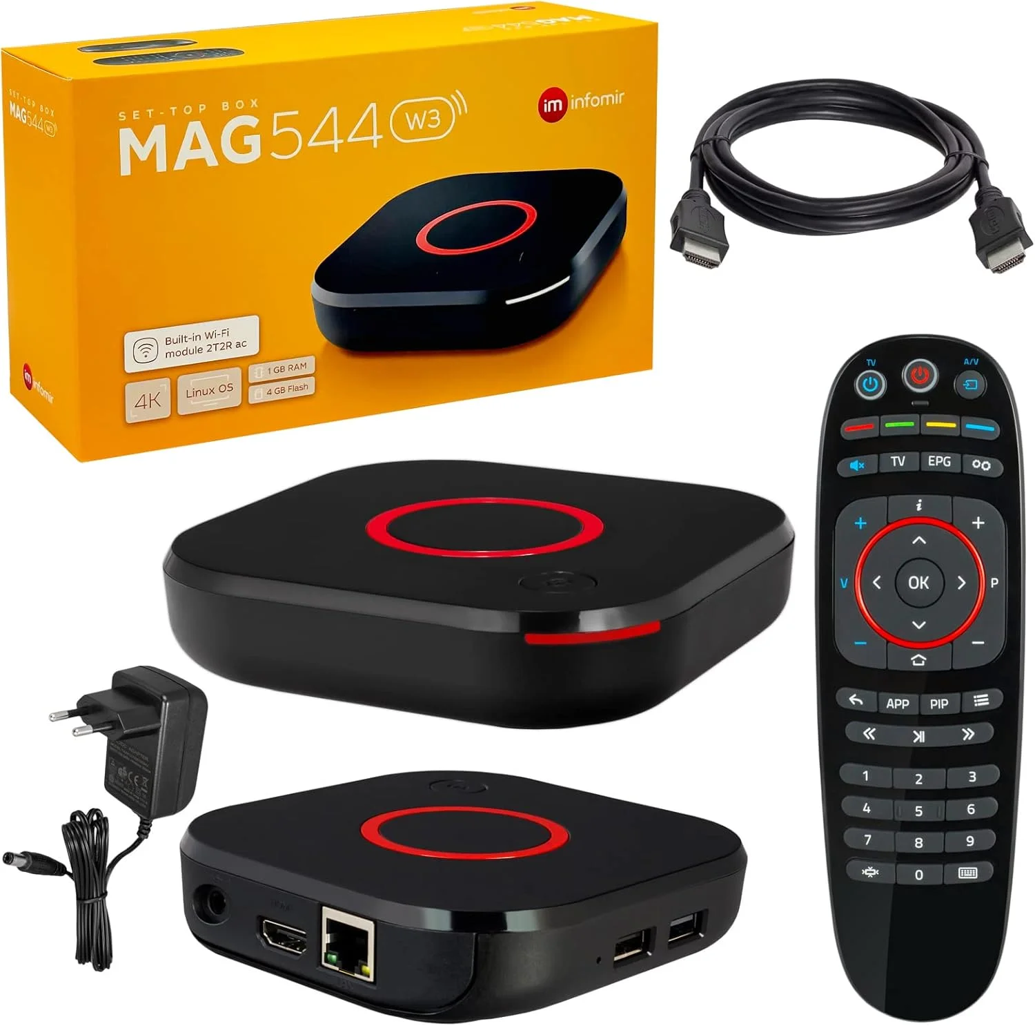 ست تاپ باکس اورجینال HB-DIGITAL MAG 544w3 Infomir و پخش کننده چند رسانه ای 4K، گیرنده تلویزیون UHD 60FPS 2160p@60 FPS HDMI 2.1 با پشتیبانی از 4K و HEVC USB3.0 4X Arm Cortex-A35 + کابل HDMI