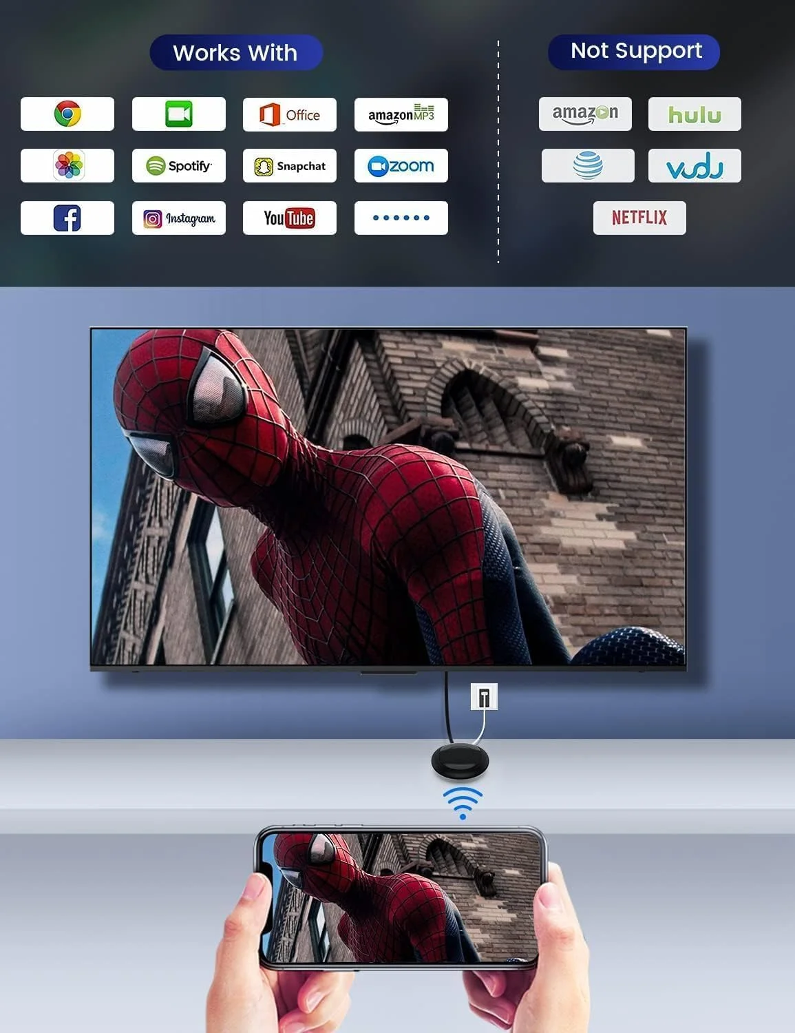 دانگل آداپتور نمایشگر HDMI بی سیم KASTWAVE - پخش از لپ تاپ، کامپیوتر یا تلفن هوشمند به تلویزیون HD/پروژکتور - بدون نیاز به نصب یا برنامه - سازگار با iOS، Android، Windows، MacOS دانگل آداپتور نمایشگر HDMI بی سیم KASTWAVE - پخش از لپ تاپ، کامپیوتر یا تلفن هوشمند به تلویزیون HD/پروژکتور - بدون نیاز به نصب یا برنامه - سازگار با iOS، Android، Windows، MacOS