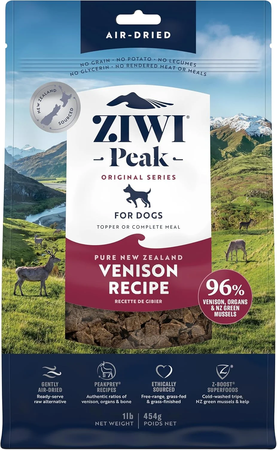 غذای خشک سگ ZIWI Peak - کاملا طبیعی، پروتئین بالا، بدون غلات و با مواد اولیه محدود به همراه سوپرفودها (گوشت گوزن، 450 گرم)