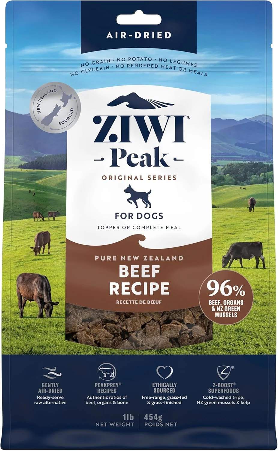 غذای خشک سگ ZIWI Peak - کاملا طبیعی، پروتئین بالا، بدون غلات و با مواد اولیه محدود به همراه سوپرفودها (گوشت گاو، 450 گرم)