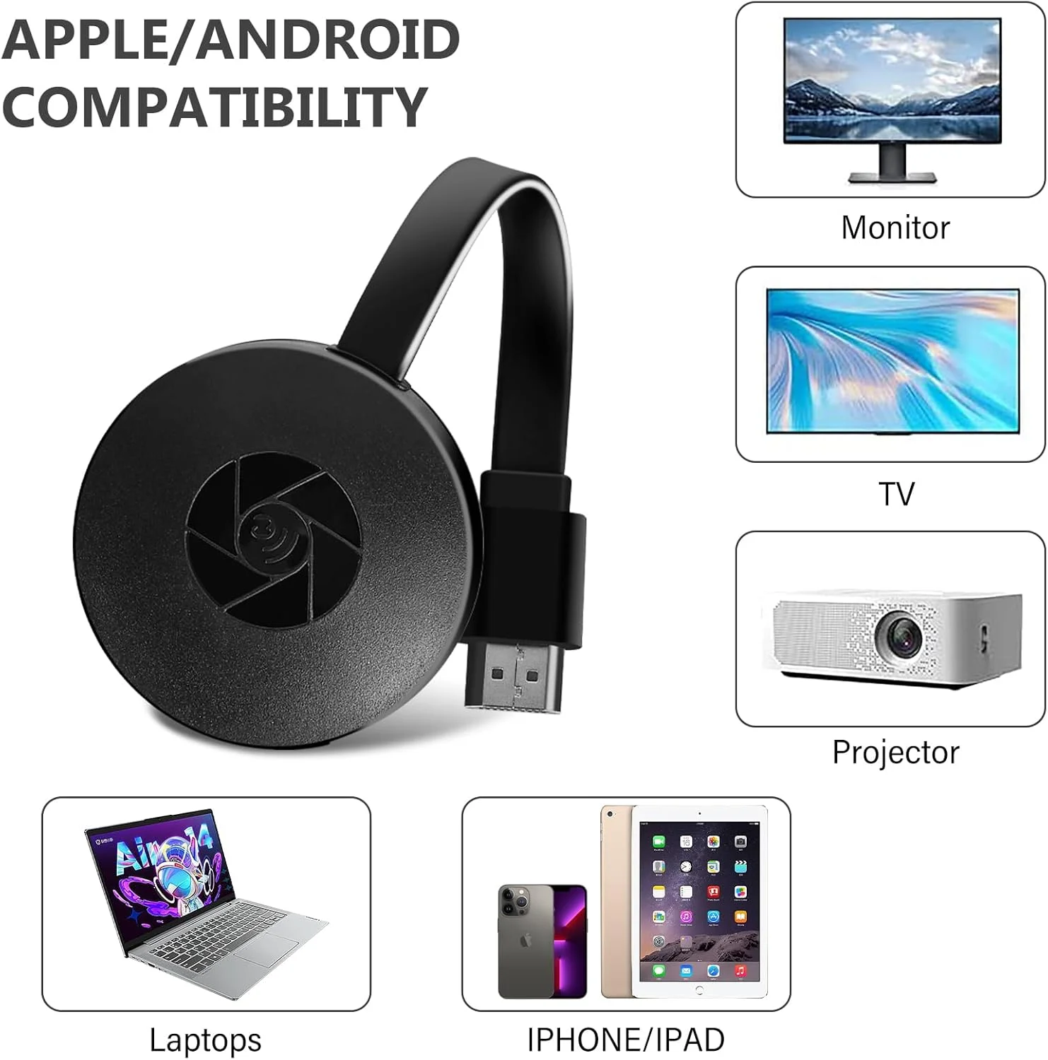 دانگل میراکست HDM، دانگل HDMI بی‌سیم، دانگل HDMI میراکست فول اچ دی، آداپتور نمایشگر بی‌سیم فرستنده HDMI، دانگل نمایشگر Wi-Fi اندروید/OS/ویندوز/آیپد، تلفن، کامپیوتر به HDTV/مانیتور/پروژکتور