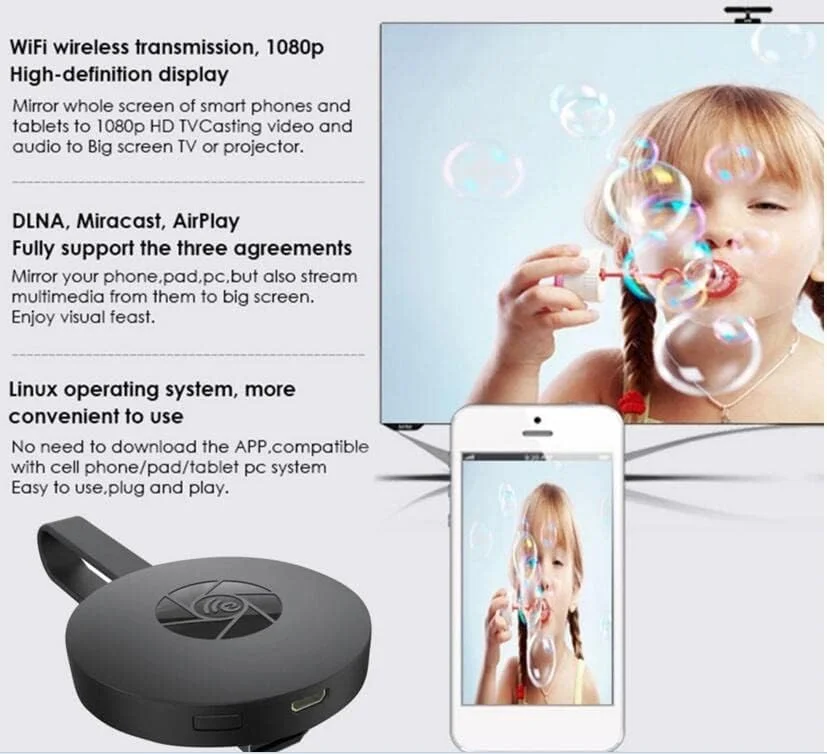 دانگل نمایشگر بی‌سیم NTECH (1080P) گیرنده کوچک اشتراک‌گذاری، دستگاه انعکاس صفحه Mira cast برای تلویزیون LED از موبایل، تبلت، به تلویزیون به صورت بی‌سیم، مناسب برای تلفن‌های هوشمند، مشکی