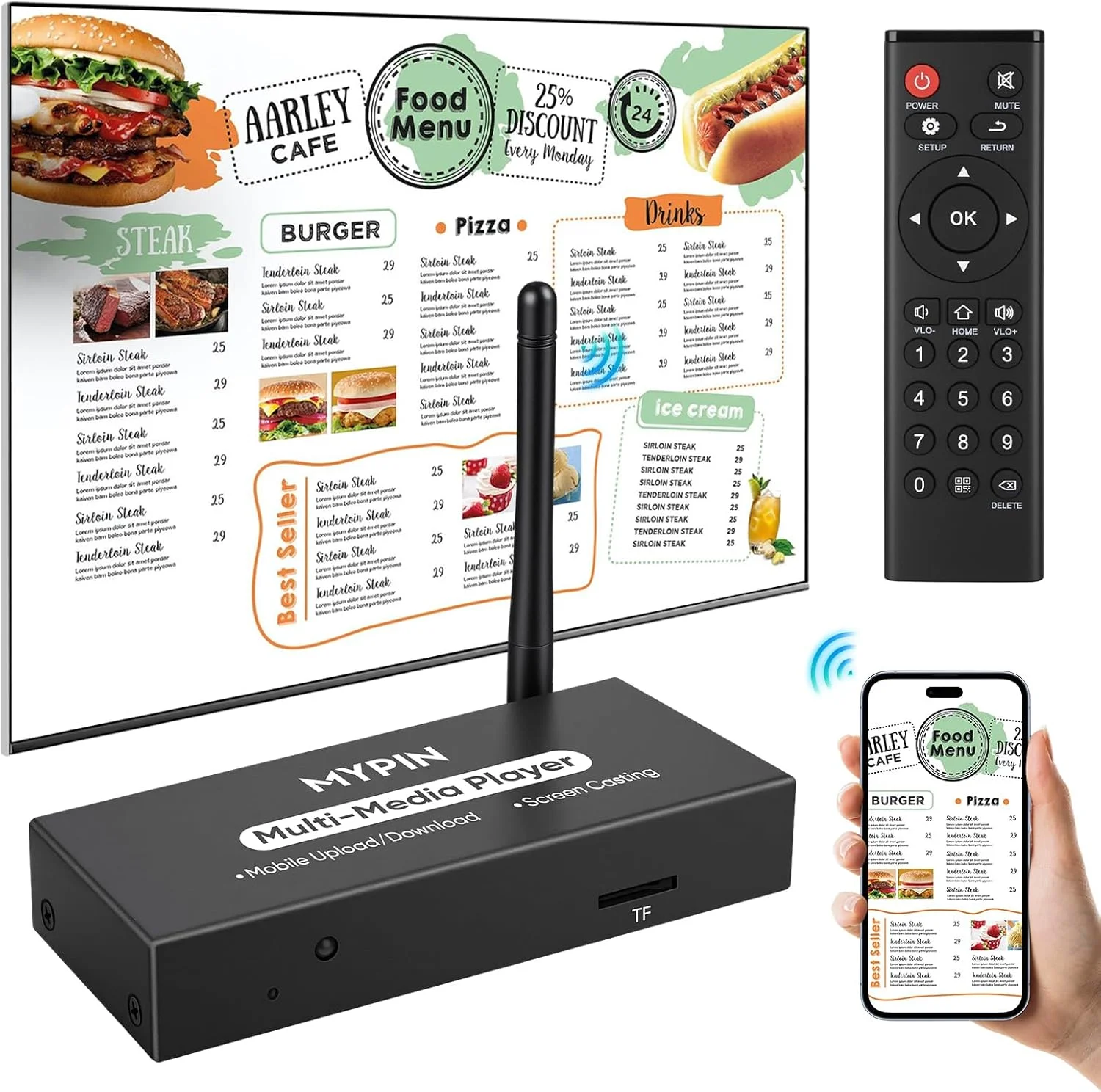 پخش کننده رسانه تبلیغاتی MYPIN، پخش کننده ویدئو USB برای نمایشگرهای دیجیتال یا تلویزیون، آداپتور نمایشگر بی سیم با قابلیت Screen Mirroring، عملکرد اشتراک عکس، پخش حلقه ای و پخش خودکار و راه اندازی آسان
