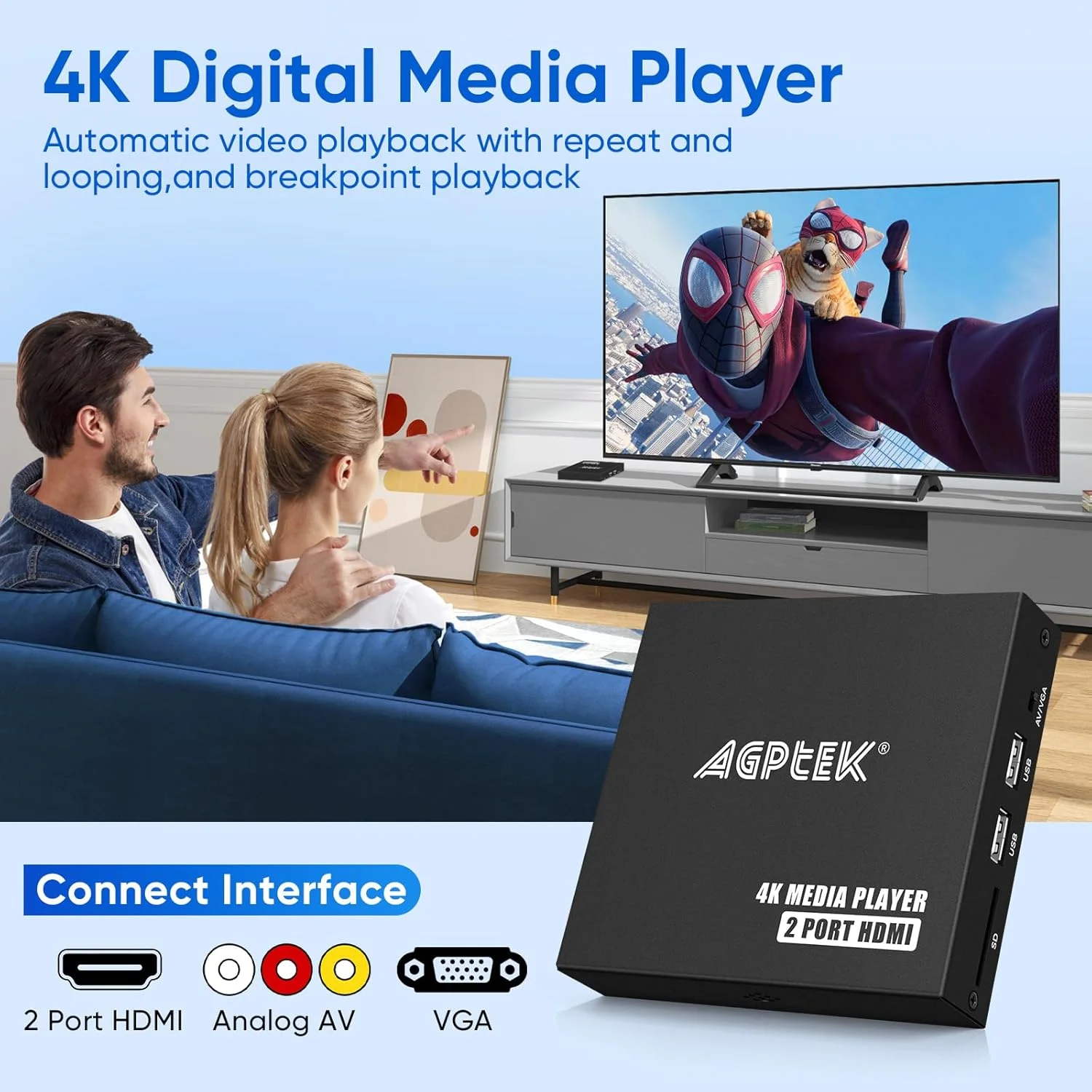 پخش کننده رسانه ای MYPIN، 2 پورت HDMI، پخش کننده دیجیتال قابل حمل 1080P Full-HD، پخش ویدیو و عکس با درایو USB/کارت های SD/HDD/دستگاه های خارجی، خروجی HDMI/AV/VGA