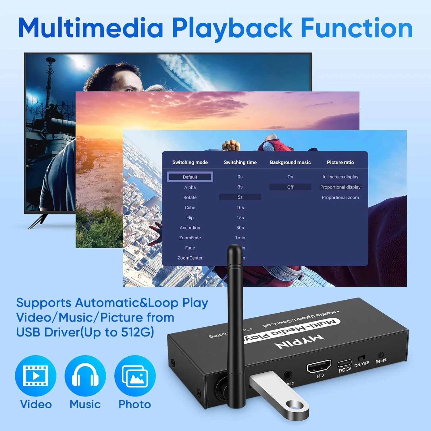 پخش کننده رسانه تبلیغاتی MYPIN، پخش کننده ویدئو USB برای نمایشگرهای دیجیتال یا تلویزیون، آداپتور نمایشگر بی سیم با قابلیت Screen Mirroring، عملکرد اشتراک عکس، پخش حلقه ای و پخش خودکار و راه اندازی آسان پخش کننده رسانه تبلیغاتی MYPIN، پخش کننده ویدئو USB برای نمایشگرهای دیجیتال یا تلویزیون، آداپتور نمایشگر بی سیم با قابلیت Screen Mirroring، عملکرد اشتراک عکس، پخش حلقه ای و پخش خودکار و راه اندازی آسان