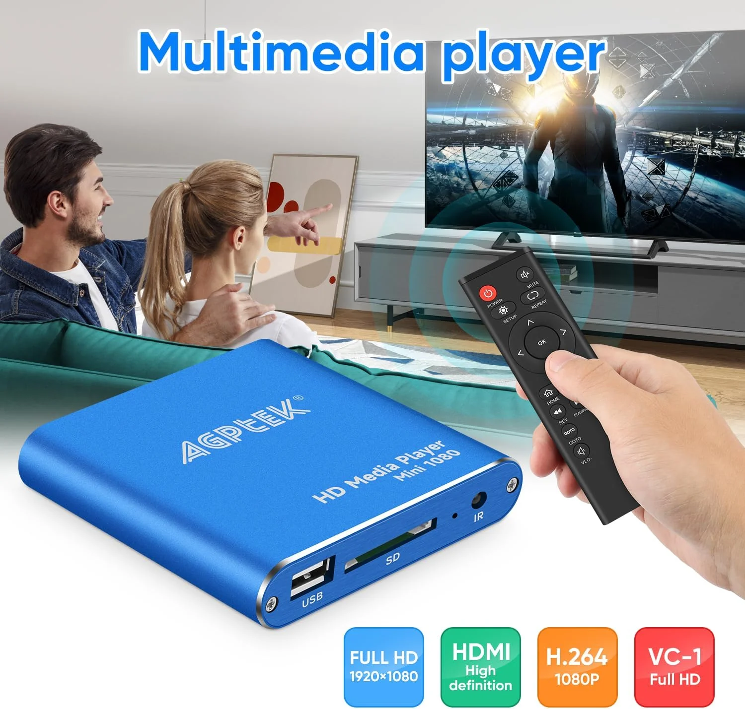 پخش کننده رسانه ای HDMI مدل MYPIN، مینی آبی 1080p Full-HD Ultra HDMI برای درایوهای USB HDD و کارت های SD با فرمت MKV/RM
