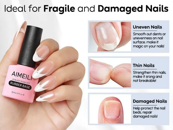 لاک ژل بیس رابر 5 در 1 AIMEILI، ژل بیلدر خیساندنی برای سفت کردن ناخن با UV LED، پایه رابر برای تقویت کننده های ناخن، چسب نگین ناخن - 10 میلی لیتر (1018)