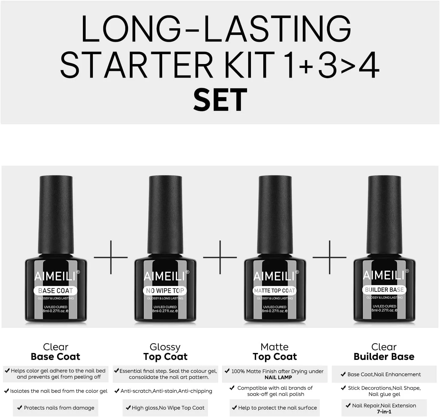 ست ژل ناخن AIMEILI شامل ژل بیلدر، تاپ کت، بیس کت، 4 عدد 8 میلی لیتر، بیس کت و تاپ کت 7 در 1، ژل بیلدر ناخن بدون نیاز به پاک کردن، تاپ کت مات، ژل اکستنشن ناخن UV LED ست ژل ناخن AIMEILI شامل ژل بیلدر، تاپ کت، بیس کت، 4 عدد 8 میلی لیتر، بیس کت و تاپ کت 7 در 1، ژل بیلدر ناخن بدون نیاز به پاک کردن، تاپ کت مات، ژل اکستنشن ناخن UV LED