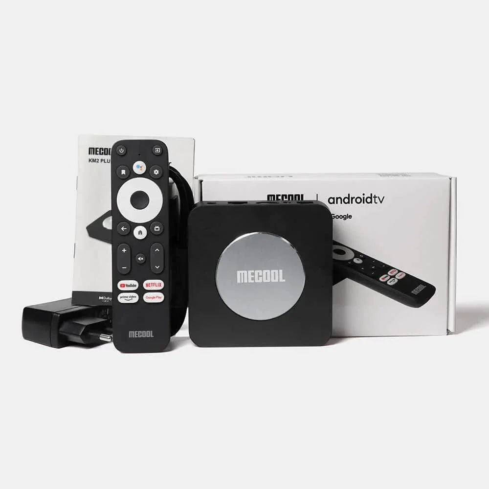 دستگاه پخش جریانی 4K تایید شده توسط نتفلیکس و گوگل MECOOL KM2 PLUS، اندروید تی وی اسمارت باکس، مجهز به پردازنده چهارهسته‌ای S905X4-B A55 با AV1 HDR. اجرا بر روی آخرین سیستم اندروید تی وی اندروید 11