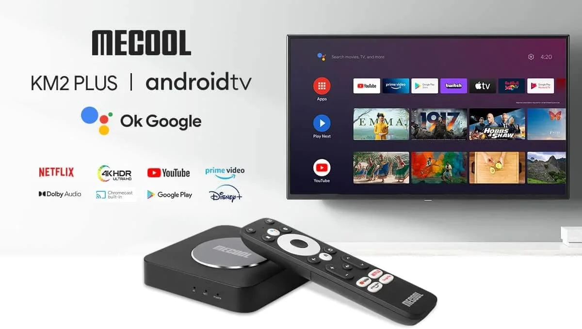 دستگاه پخش جریانی 4K تایید شده توسط نتفلیکس و گوگل MECOOL KM2 PLUS، اندروید تی وی اسمارت باکس، مجهز به پردازنده چهارهسته‌ای S905X4-B A55 با AV1 HDR. اجرا بر روی آخرین سیستم اندروید تی وی اندروید 11