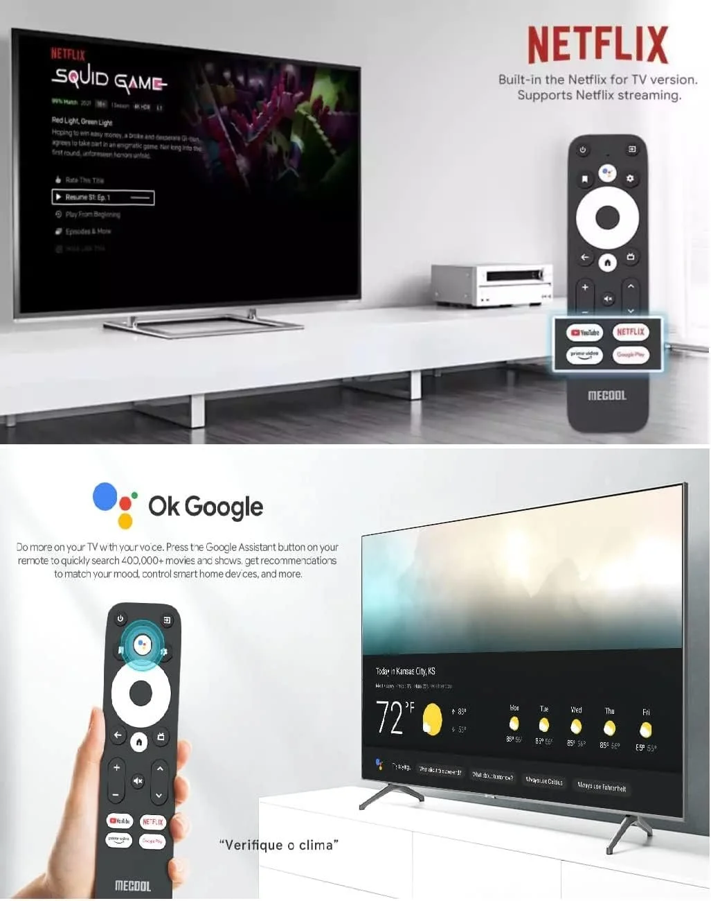 دستگاه پخش جریانی 4K تایید شده توسط نتفلیکس و گوگل MECOOL KM2 PLUS، اندروید تی وی اسمارت باکس، مجهز به پردازنده چهارهسته‌ای S905X4-B A55 با AV1 HDR. اجرا بر روی آخرین سیستم اندروید تی وی اندروید 11