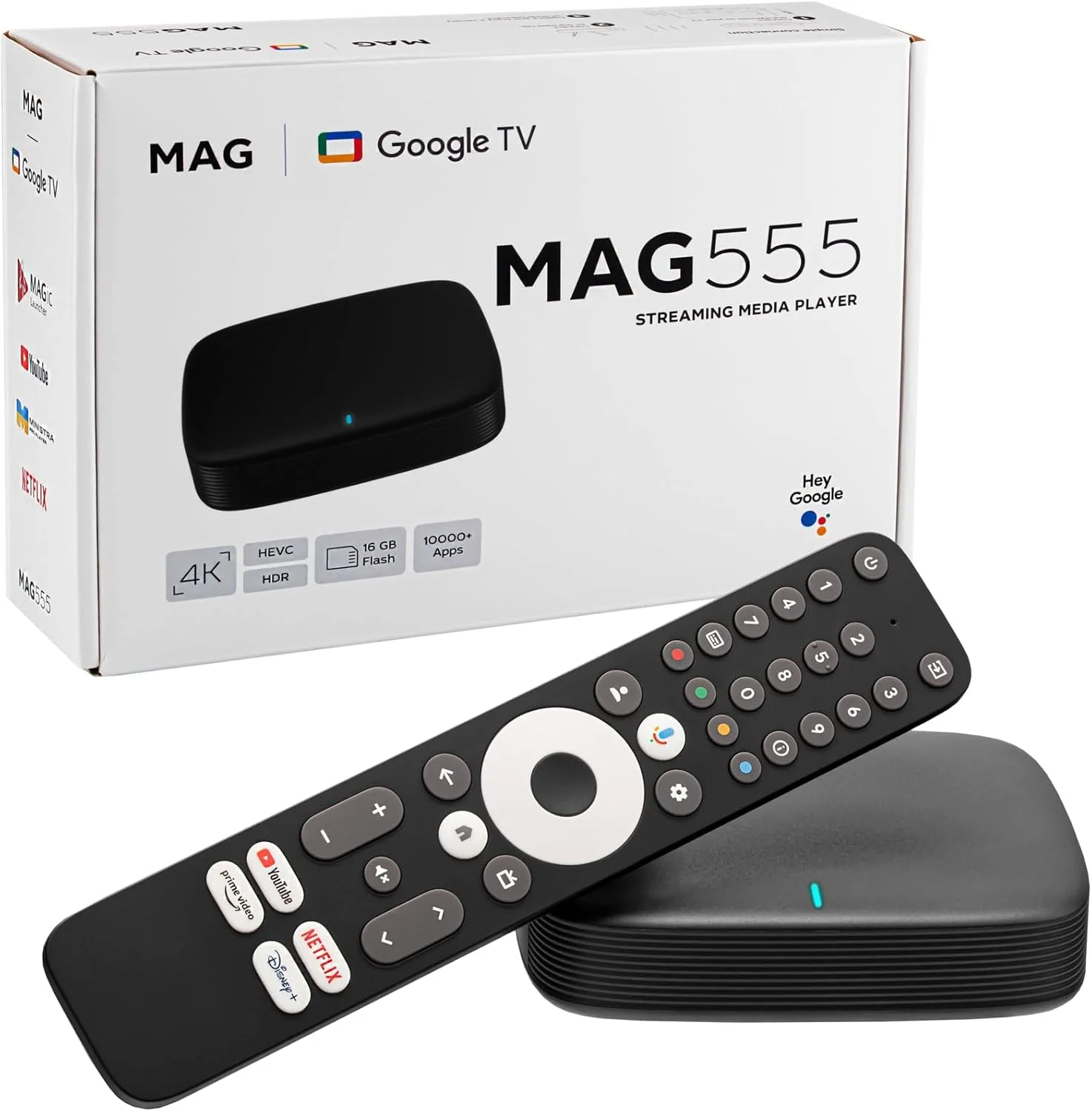 مدیا پلیر اورجینال MAG 555 Infomir & HB-Digital گیرنده 4K HDR با Google Assistant، Netflix، Prime Video، Disney+، Youtube، Dolby Atmos.