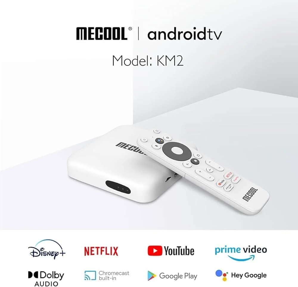 اندروید باکس اورجینال MECOOL KM2 اندروید 12.0، کیفیت 4K HDR، رم 2 گیگابایت، رام 8 گیگابایت، دارای گواهینامه 4K نتفلیکس، دستیار گوگل با کنترل از راه دور صوتی