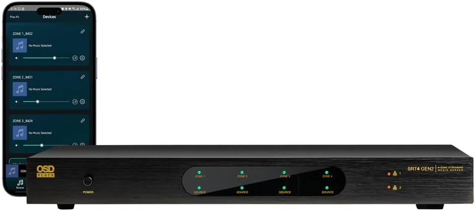 استریمر صوتی 4 زون OSD Audio SRT4 GEN2 با کنترل از طریق اپلیکیشن، سازگار با iOS و Android، سازگار با Airplay، تریگر 12 ولت