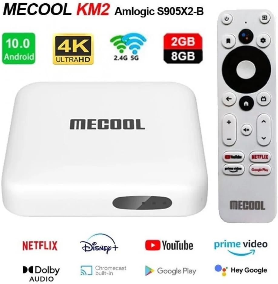 اندروید باکس اورجینال MECOOL KM2 اندروید 12.0، کیفیت 4K HDR، رم 2 گیگابایت، رام 8 گیگابایت، دارای گواهینامه 4K نتفلیکس، دستیار گوگل با کنترل از راه دور صوتی