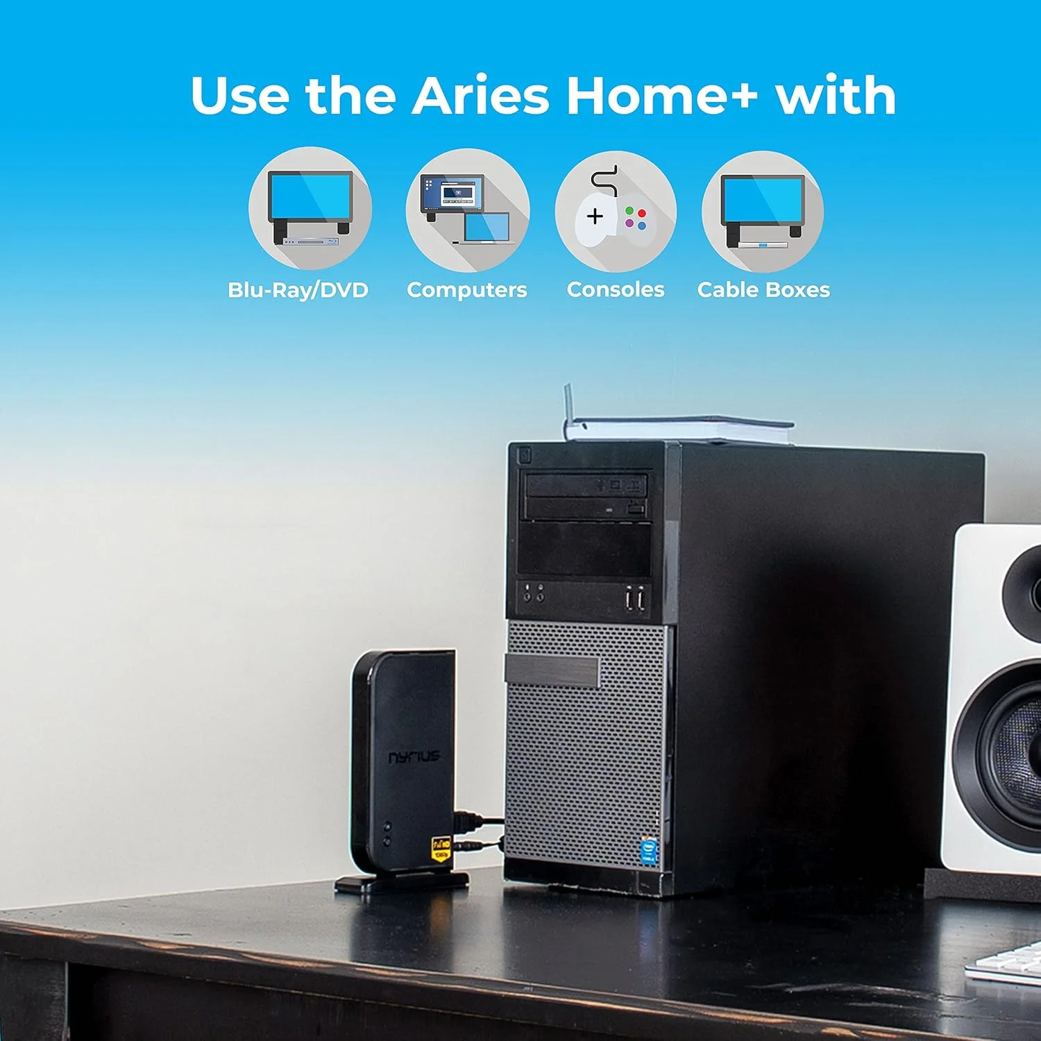 فرستنده و گیرنده بی سیم HDMI Nyrius Aries Home+ با 2 ورودی برای پخش ویدئوهای HD 1080p 3D و صدای دیجیتال از دستگاه های Cable Box، Satellite، Bluray، DVD، PS4، PS3، لپ تاپ و کامپیوتر (NAVS502)