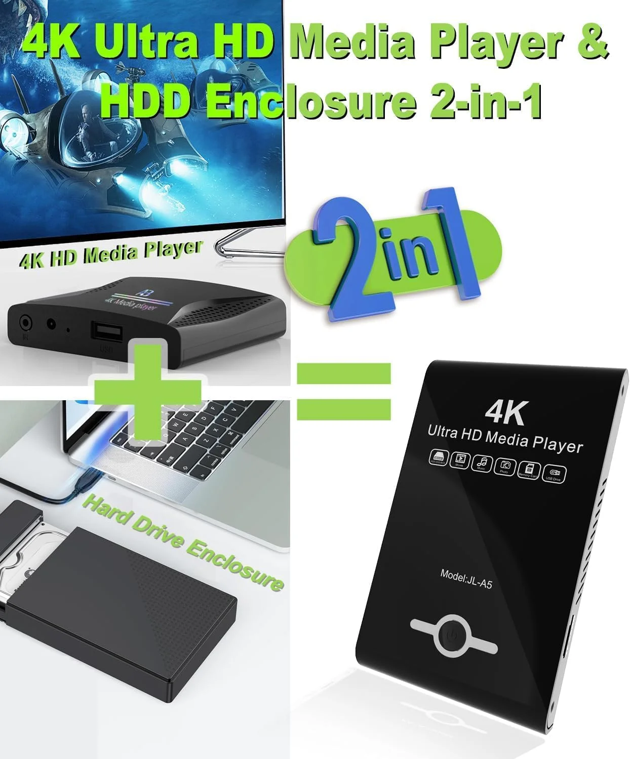 پخش کننده رسانه 4K 60Hz UHD و محفظه هارد دیسک 2 در 1، پخش ویدیوهای H.265/HEVC H.264/AVC MP4 MKV، موسیقی MP3، عکس های JPG، خروجی 4K HDMI، AV آنالوگ، USB 3.0، Type C، پشتیبانی از SSD، هارد دیسک 2.5 اینچی SATA با USB/SD Card