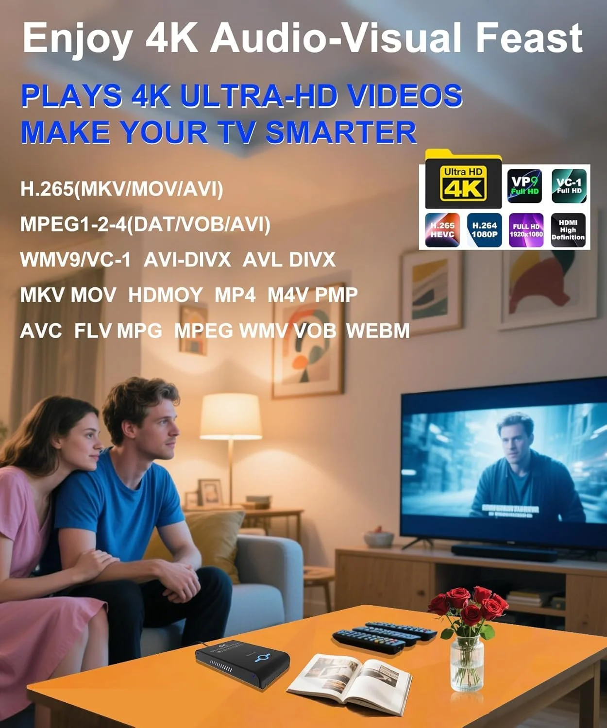 پخش کننده رسانه 4K 60Hz UHD و محفظه هارد دیسک 2 در 1، پخش ویدیوهای H.265/HEVC H.264/AVC MP4 MKV، موسیقی MP3، عکس های JPG، خروجی 4K HDMI، AV آنالوگ، USB 3.0، Type C، پشتیبانی از SSD، هارد دیسک 2.5 اینچی SATA با USB/SD Card