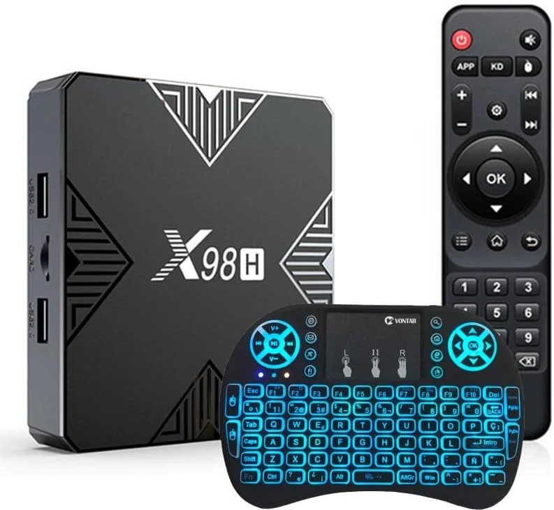 اندروید باکس LIROM مدل X98H با اندروید 12.0، پردازنده چهار هسته ای Allwinner H618، وای فای دوگانه 2.4G/5G، پشتیبانی از 6K 3D، بلوتوث 4.0، H.265، پورت اترنت، USB 3.0 و کیبورد مینی وایرلس، 4 گیگابایت رم + 32 گیگابایت حافظه داخلی