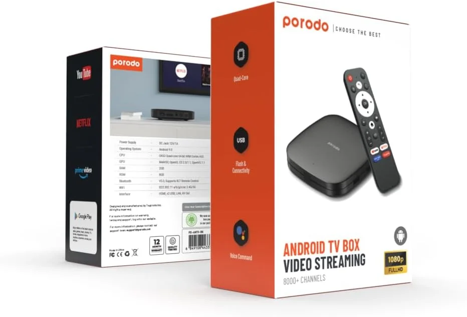 اندروید باکس تلویزیون پورودو، 4K Ultra HD، رم 2 گیگابایت، حافظه 8 گیگابایت، فرمان صوتی، ریموت بلوتوثی، پردازنده چهار هسته ای، اندروید 9.0، HDMI، USB، LAN، خروجی AV، وای فای دو بانده، سرگرمی خانگی - مشکی اندروید باکس تلویزیون پورودو، 4K Ultra HD، رم 2 گیگابایت، حافظه 8 گیگابایت، فرمان صوتی، ریموت بلوتوثی، پردازنده چهار هسته ای، اندروید 9.0، HDMI، USB، LAN، خروجی AV، وای فای دو بانده، سرگرمی خانگی - مشکی